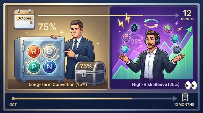 An infographic comparing 'Long-Term Conviction (75%)' showing a man pointing to a safe of crypto coins, versus 'High-Risk Sleeve (25%)' showing a man juggling volatile crypto assets over a 12-month timeline.