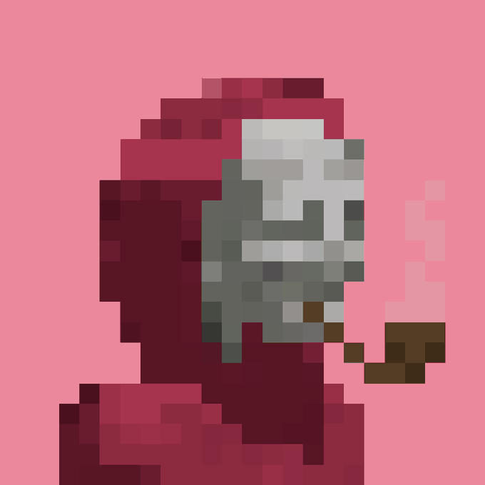 A pixelated portrait of a hooded figure with a grey mask and a cigarette, set against a pink background.