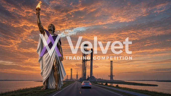 A towering Lady Liberty holding a torch overlooks a road leading to an industrial launch complex beneath a dramatic sunset. Promotional text reads “Velvet Trading Competition,” announcing the coming soon $PROMETHEUS Trading Competition.