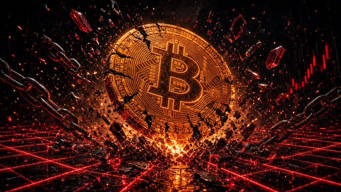 A dramatic digital artwork featuring a glowing golden Bitcoin coin cracking apart amid red crystals and chains, with a red candlestick chart in the background symbolizing a crypto market crash.