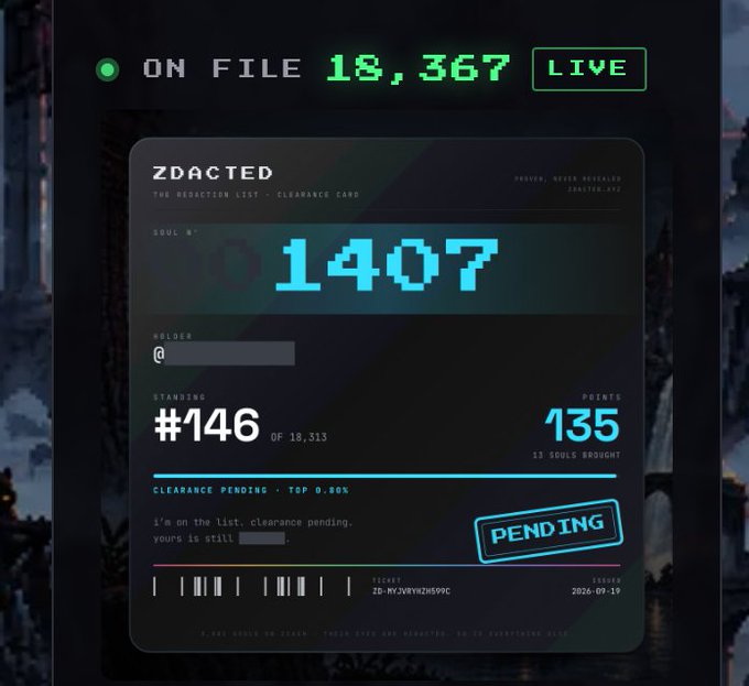 A digital 'ZDACTED' clearance card displaying Soul N° 1407 with 135 points, ranked #146 of 18,113, marked as 'PENDING' with a pixelated retro design.