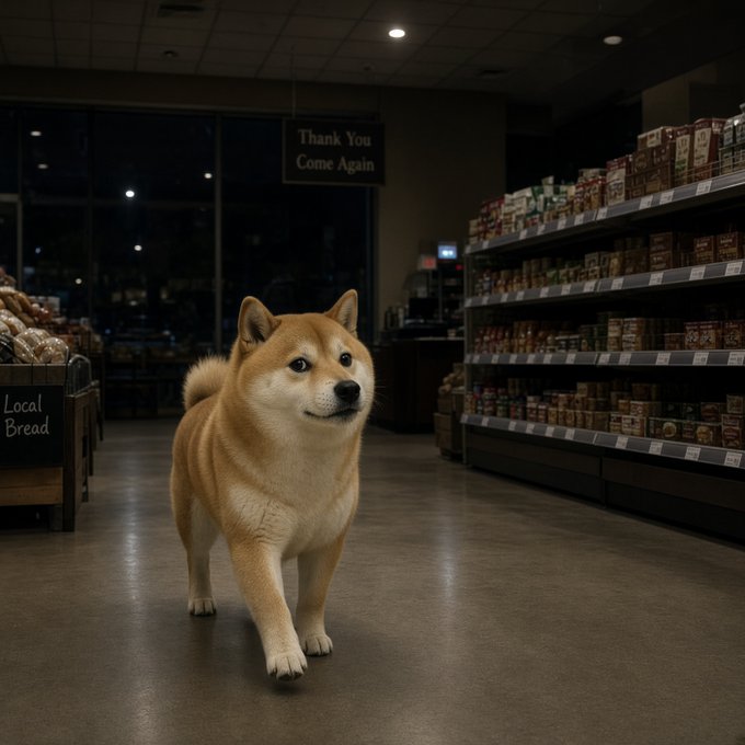 A Shiba Inu walks through a dimly lit, empty grocery store at night beneath a "Thank You Come Again" sign, with shelves stocked along the right and a "Local Bread" display on the left. The lone dog patrolling the quiet aisles perfectly captures the "night shift energy" of the $DOGE post, embodying the meme coin's canine mascot casually shopping after hours.