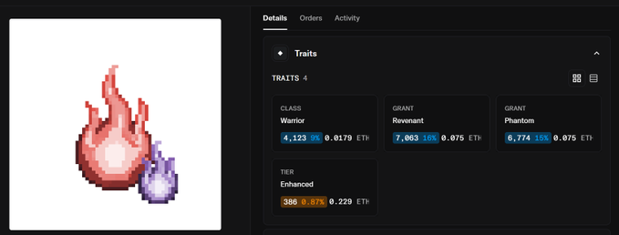 NFT marketplace listing for a pink flame-like creature showing traits including Warrior class, Revenant and Phantom grants, with floor prices in ETH
