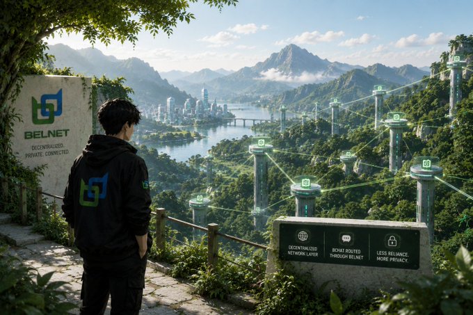A person wearing a black jacket with a green 'BELNET' logo stands overlooking a futuristic city with tall towers connected by beams, with a sign reading 'DECENTRALIZED. PRIVATE. CONNECTED.'