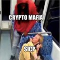A meme image showing two men sitting on a subway, with the front man in a hat labeled 'CRYPTO MAFIA' and the older man behind him labeled 'SICP'.