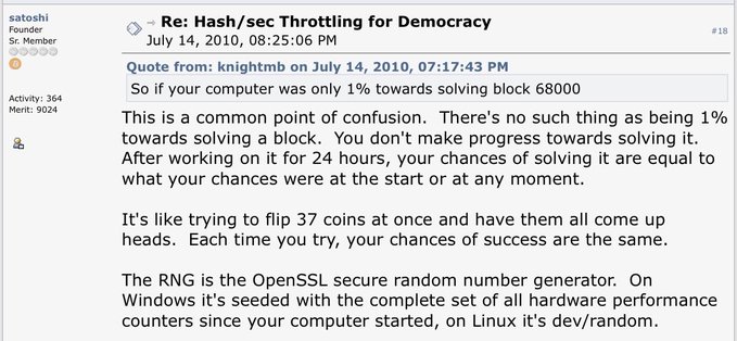 A screenshot of a Bitcointalk forum post by Satoshi Nakamoto dated July 14, 2010, titled "Re: Hash/sec Throttling for Democracy," in which Satoshi explains the probabilistic nature of Bitcoin mining by clarifying that there is "no such thing as being 1% towards solving a block" and comparing it to flipping 37 coins at once.