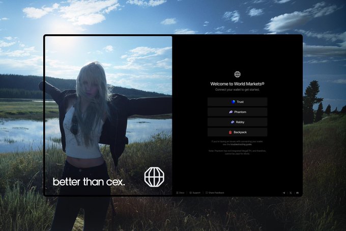A login page titled 'Welcome to World Markets®' displays the slogan 'better than cex.' over an image of a woman standing in a grassy field, with options to connect via Trust, Phantom, Rabby, or Backpack wallets.