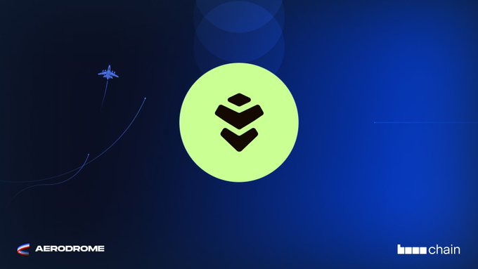 The image shows the Aerodrome Finance logo (a black downward chevron symbol in a green circle) centered on a dark blue background with a small airplane illustration, accompanied by the "AERODROME" branding on the bottom left and "base chain" text on the bottom right. The imagery of the airplane taking off visually reinforces the post's announcement that the $WARD-$USDC pool on Aerodrome is now eligible for AERO emissions, symbolizing the launch of new incentives for Warden Protocol.
