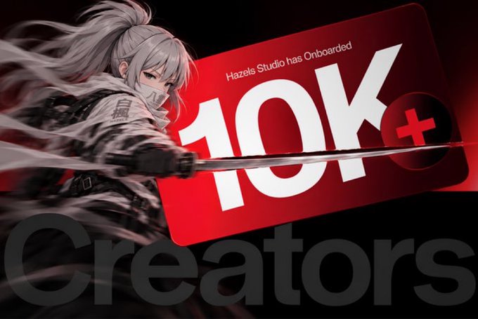 A graphic featuring an anime-style silver-haired character wielding a sword next to a red card announcing 'Hazels Studio has Onboarded 10K+ Creators'.