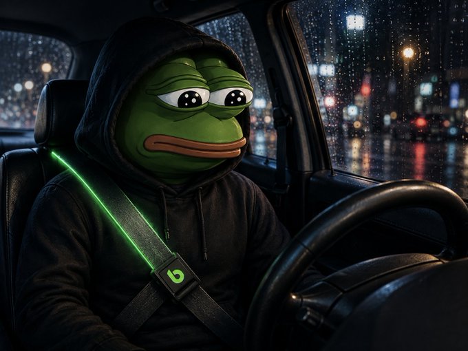 A Pepe the Frog meme character wearing a black hoodie and a glowing green seatbelt, sitting in the driver's seat of a car at night in the rain.