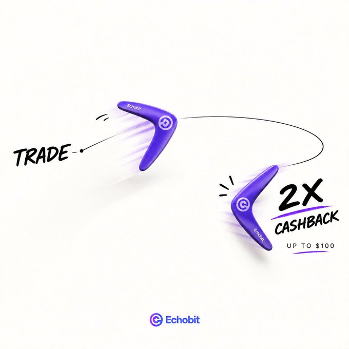 A promotional image for Echobit features two purple boomerangs in motion against a white background, with text reading "TRADE," "2X CASHBACK UP TO $100," and the Echobit logo, visually reinforcing the post's message of earning double cashback on spot trading fees.