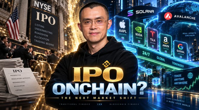 A promotional graphic titled 'IPO ONCHAIN? THE NEXT MARKET SHIFT' features a man in a black hoodie surrounded by images of the NYSE, Solana, Avalanche, and stocks like AAPL, NVDA, TSLA, AMZN, and GOOGL.