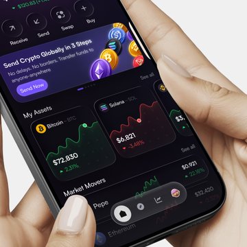 A hand holding a smartphone displaying a cryptocurrency trading app with 'My Assets' showing Bitcoin at $72,830 (+6.31%) and Solana at $6,821 (-3.46%).