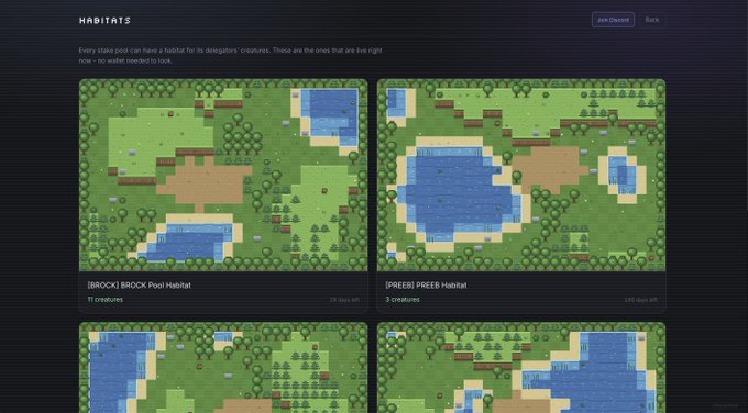 A screenshot from a game interface titled 'HABITATS', showing pixel-art maps for '[BROCK] BROCK Pool Habitat' with 17 creatures and '[PREF] PREF Habitat' with 3 creatures.