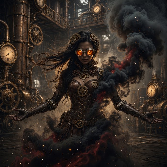 A digital artwork of a woman with glowing orange goggles and steampunk attire, standing amidst dark smoke and red embers within an industrial setting filled with gears and clocks.