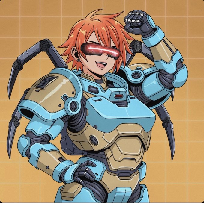 An anime-style illustration of a character with orange hair, wearing a red glowing visor and bulky blue and tan mechanical armor, with spider-like appendages on their back.