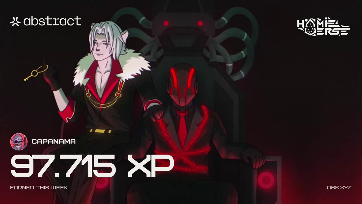 The image features a cartoon illustration of two characters, one man wearing a suit with red fur trimming his red cape and another man sitting on a throne while holding a sword in his right hand and another character appears behind him. The background depicts a dark purple color which complements the overall theme of the scene. In the bottom part of the image, there is text that reads: "97.715 XP Gm Happy XP Day @ Abstract Chain". This suggests an ongoing celebration or event centered around happiness and XP in this digital art style illustration.