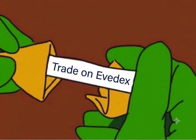 A cartoon illustration shows green hands holding a golden trophy and a coin, with a paper slip reading 'Trade on Evedex' being exchanged between them.
