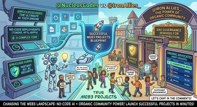 A colorful cartoon-style infographic comparing @NucleusCodes and @IronAllies_ for successful Web3 projects, featuring a robot, on-chain data displays, and a community of advocates, with text including 'NO-CODE DEPLOYMENTS', 'INSTANT AI SECURITY', and 'DAO GOVERNANCE: REWARDS FOR CONTRIBUTION'.