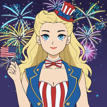 An anime-style illustration portrays a blonde woman in a patriotic red, white, and blue outfit with a top hat and bow tie, holding an American flag against a backdrop of colorful fireworks.