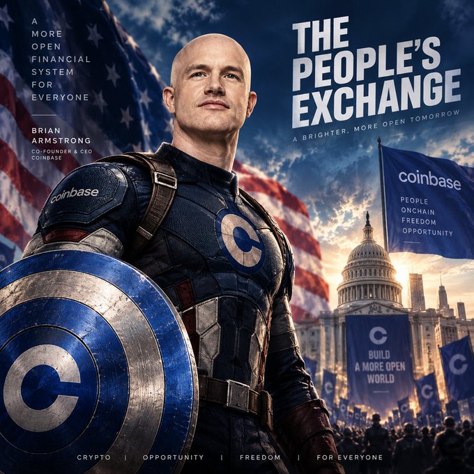 A promotional poster featuring Brian Armstrong, Co-Founder & CEO of Coinbase, dressed as Captain America with a Coinbase shield, captioned 'THE PEOPLE'S EXCHANGE' with slogans about crypto opportunity and freedom.