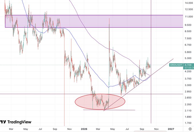 A TradingView candlestick chart for ORDI/USDT showing price action with technical analysis markings, including a purple resistance zone and a red circle highlighting a key area near 2.350.