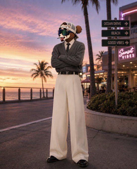 A surreal composite photo showing a person with a cartoon dog head wearing a cap, sunglasses, and high-fashion clothing standing by Sunset Vibes neon signage with directional signs pointing to "OCEAN DRIVE," "BEACH," and "GOOD VIBES."