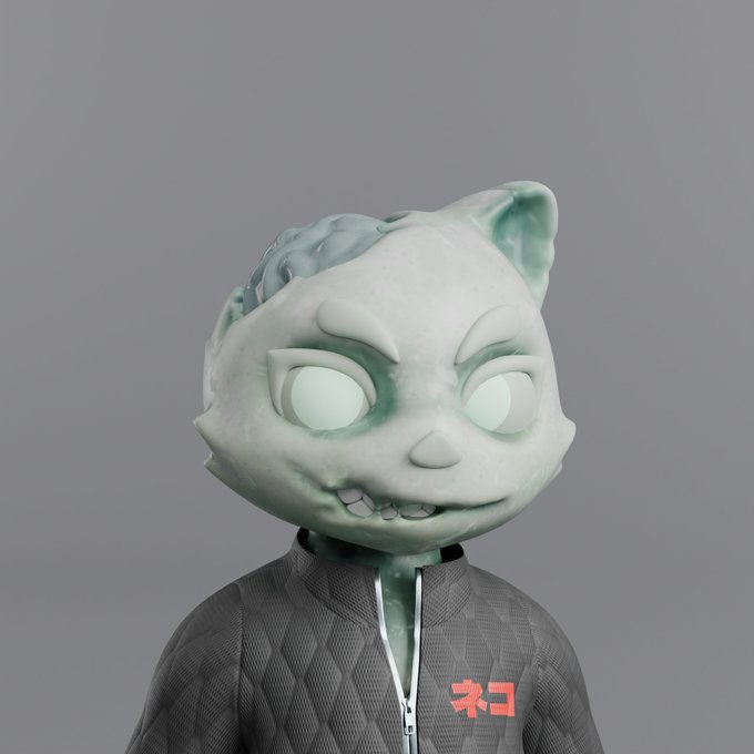 A 3D-rendered figurine of a mint-green cat character with glowing white eyes and a toothy grin, wearing a dark grey zip-up jacket with red Japanese katakana text 'ネコ'.