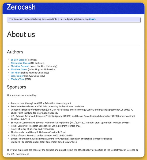 The image shows the "Zerocash" project's "About us" page, listing seven authors (Eli Ben-Sasson, Alessandro Chiesa, Christina Garman, Matthew Green, Ian Miers, Eran Tromer, and Madars Virza) and its sponsors, which include Israeli entities such as the European Community's Seventh Framework Programme, the Israel Centers of Research Excellence I-CORE program, the Israeli Ministry of Science and Technology, and the Leona M. and Harry B. Helmsley Charitable Trust. The caption relates to conspiracy claims that Zcash's Israeli research funding implies intelligence ties—the page actually documents that the project's academic sponsors included legitimate Israeli government science grants, not the Israeli intelligence agency Mossad.