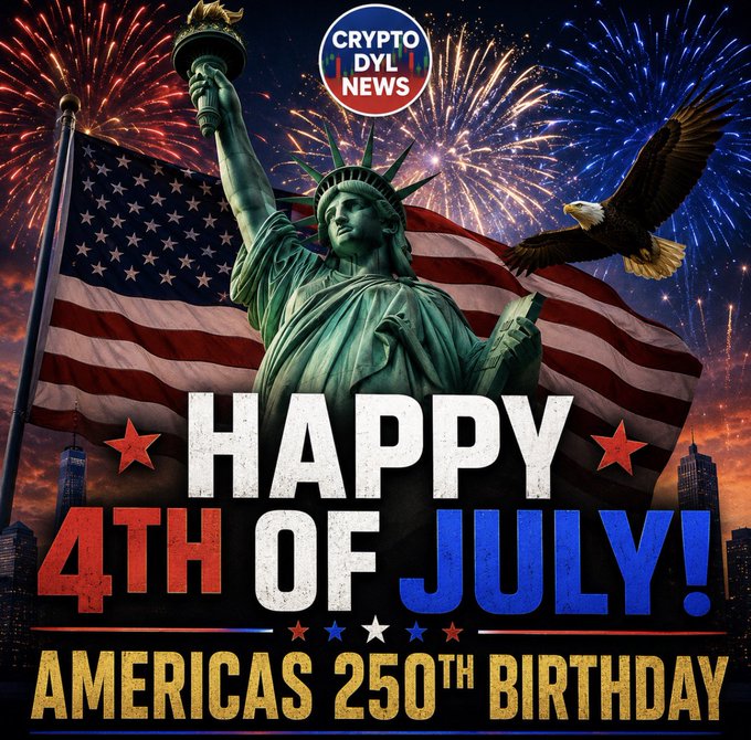 A patriotic Fourth of July graphic featuring the Statue of Liberty, an American flag, a soaring bald eagle, and fireworks, branded with the "Crypto Dyl News" logo. The text reads "HAPPY 4TH OF JULY! AMERICA'S 250TH BIRTHDAY," tying the U.S. milestone to the post's reflection on Bitcoin's growth from $0.01 in 2010 to $62,800 today.