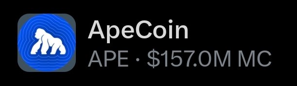 A cryptocurrency token display showing 'ApeCoin' with ticker 'APE' and a market cap of $157.0M, featuring a blue logo of a gorilla on a swirling background.