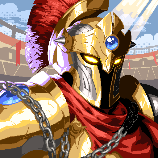 An identical pixel art illustration to Image 5 shows a golden-armored warrior with a red-plumed helmet and chains in a colosseum setting.