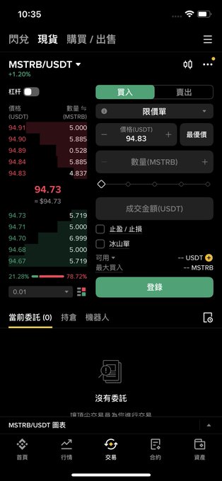 A mobile trading app interface in Chinese displays the MSTRB/USDT trading pair with a current price of 94.73, showing buy/sell order books and a green login button.