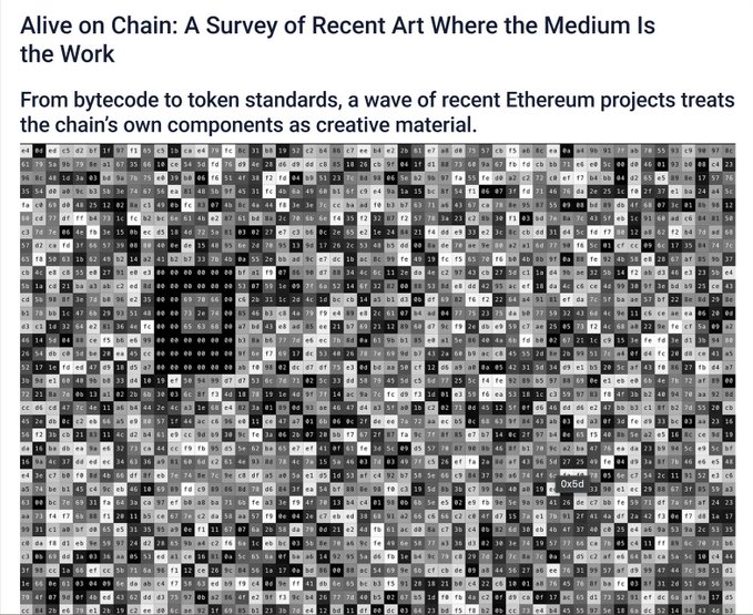 The image features a large patterned piece of art or design composed entirely of squares and rectangles, with varying sizes and shapes that create an abstract appearance. The text at the top reads "Alive On Chain", which seems to be a reference to the artwork's underlying theme. Below this title, there is some additional text discussing the survey and how it relates to the artwork's properties. This information provides context about the piece of art and its creator or artist, and suggests that the image might be related to a Medium project on @etherscan which may have produced this particular piece of digital art.