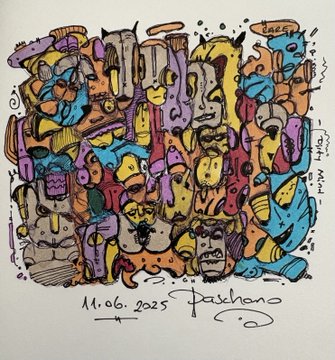 The image features a collection of colorful, hand-drawn illustrations that appear to be part of an art project or exhibition. The drawings are scattered across the page with various shapes and sizes, creating a visually interesting and diverse display. The text "Happy weekend NFT addicts..." suggests that this artwork might have been created by someone who is passionate about digital art and has decided to share their creations on social media platforms like Instagram. The post also mentions an artist named Pasherno, indicating that the drawings could be part of a collaborative project or individual work by multiple artists.