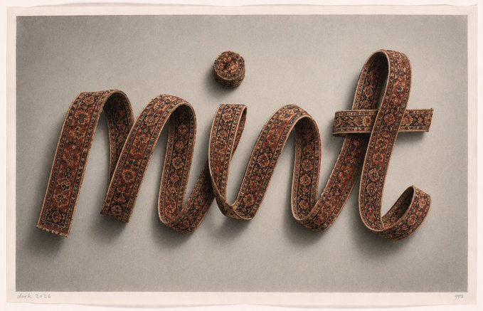 The word 'mit' rendered as flowing ribbons with an ornate Persian-style carpet pattern, shown on a gray background.