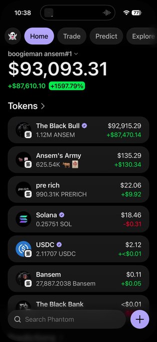 The image shows a Phantom wallet portfolio for "boogieman ansem#1" displaying a total balance of $93,093.31 (+$87,610.10, +1597.79%), with "The Black Bull" token (1.12M ANSEM) being the largest holding at $92,915.29. The post celebrates holding ANSEM with ambitions of reaching a $500M market cap, which aligns with the screenshot showcasing the token's massive gains and dedicated bag-holder mindset.