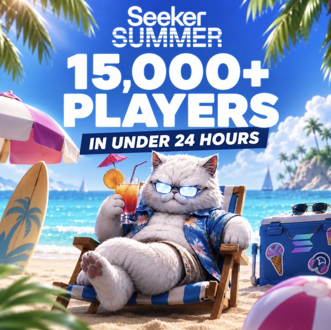 A promotional graphic showing a fluffy white cat in sunglasses and a Hawaiian shirt lounging on a beach chair, with the text 'Seeker SUMMER 15,000+ PLAYERS IN UNDER 24 HOURS'.