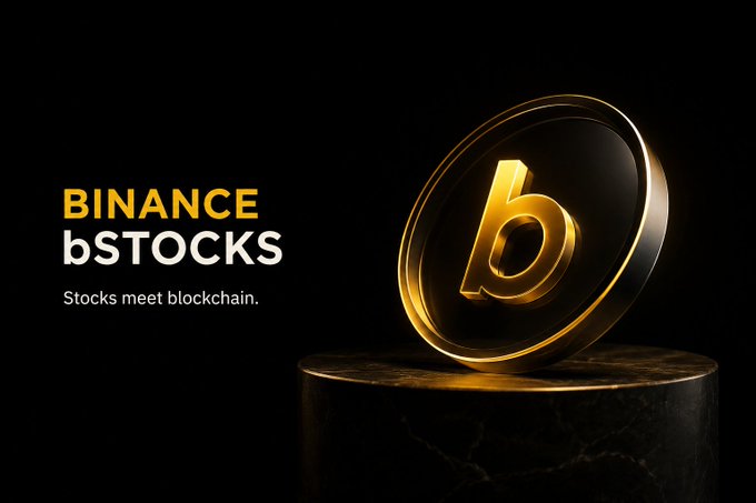 A promotional image for "BINANCE bSTOCKS" featuring a gold "b" coin on a black pedestal, with the tagline "Stocks meet blockchain."

The image visually reinforces the post's message about tokenized stocks, with the golden coin symbolizing the merging of traditional stocks (represented by the "bSTOCKS" branding) with blockchain technology (represented by the crypto-style coin).