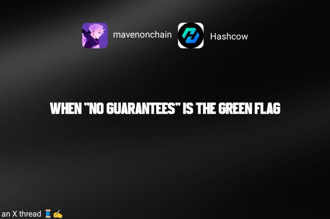 An X thread cover image showing the mavenonchain and Hashcow logos with the title 'WHEN "NO GUARANTEES" IS THE GREEN FLAG' on a black background.