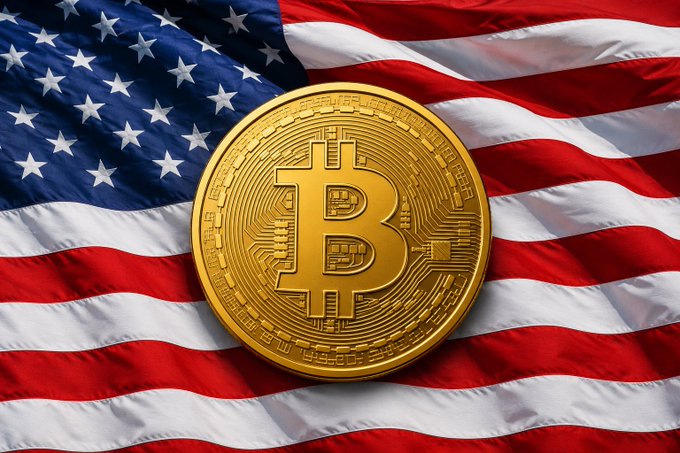 A gold Bitcoin coin featuring the iconic "₿" symbol rests on the waving American flag, symbolizing Jack Dorsey's bold prediction that $BTC will exceed $1,000,000 by 2030 and reinforcing the message that long-term conviction in Bitcoin outshines short-term price speculation.