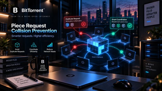 A promotional graphic for BitTorrent titled 'Piece Request Collision Prevention' showing a swarm network diagram comparing 'Duplicate Request' vs 'Smart Coordination' for peer-to-peer file sharing efficiency.