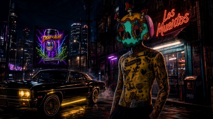 A cyberpunk-style scene with a tattooed figure wearing a colorful sugar skull mask standing in a neon-lit alleyway featuring 'Los Muertos' and 'Dead Alive' signage, with a classic car in the background.