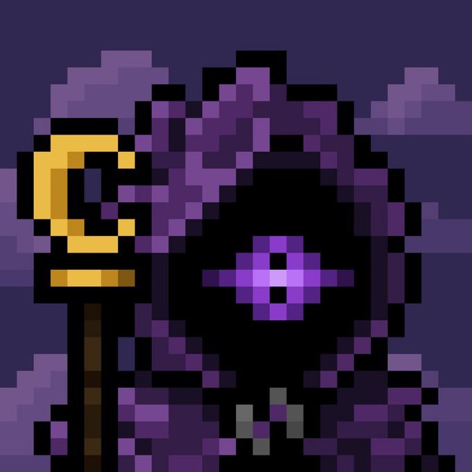 A pixel art image depicting a purple, hooded figure with a glowing purple eye, holding a golden staff topped with a crescent symbol against a dark purple cloudy background.