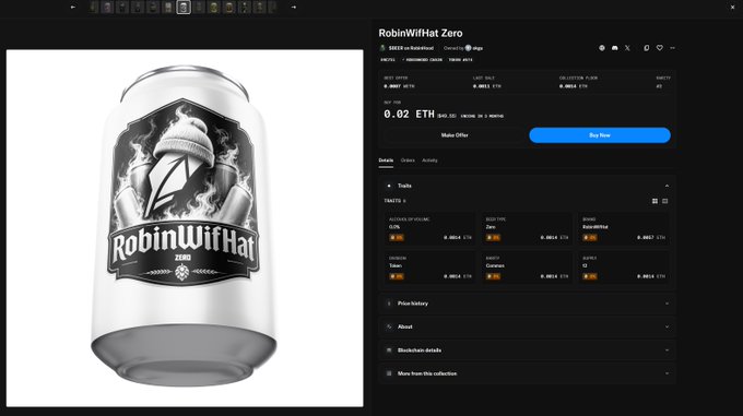 A screenshot of the OpenSea NFT marketplace showing the RobinWifHat Zero collection listing for 0.02 ETH, featuring a 3D rendering of a soda can with a logo of a knitted hat.