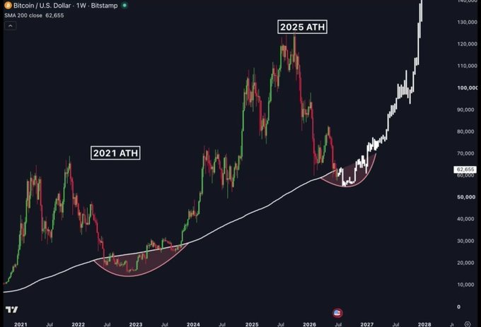A weekly Bitcoin/USD chart from Bitstamp shows BTC price action with the 200 SMA at 62,655, highlighting two all-time highs labeled "2021 ATH" (~69K) and "2025 ATH" (~125K), with red shaded arcs marking historical "cup" accumulation patterns that preceded major breakouts—supporting the post's claim that the bottom is in and a massive bull run is imminent.