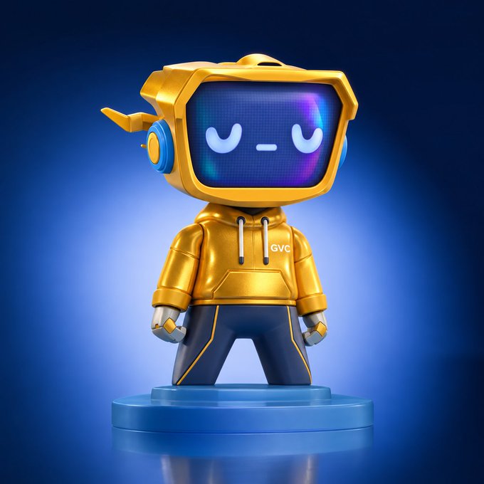 A 3D-rendered golden robot character stands on a blue pedestal, featuring a digital face displaying closed, sleepy eyes and wearing a yellow hoodie with 'GVC' printed on it.