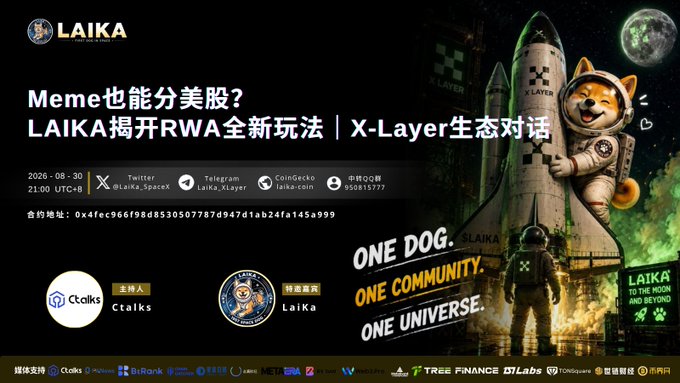 A promotional banner for a Twitter Space event titled "Memes也能分美股? LAIKA揭开RWA全新玩法 | X-Layer生态对话" featuring an astronaut Shiba Inu dog mascot alongside a rocket, scheduled for August 30, 2026 at 21:00 UTC+8, hosted by Ctalks and Laika with social handles for Twitter (@Laika_SpaceX), Telegram (Laika_XLayer), and CoinGecko (laika-coin).