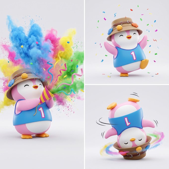 A 3D-rendered pink and white cartoon bird character wearing a blue shirt with the number '1' and a hat, shown in three poses including holding a party popper amid colorful smoke, dancing with confetti, and spinning inside a hat.