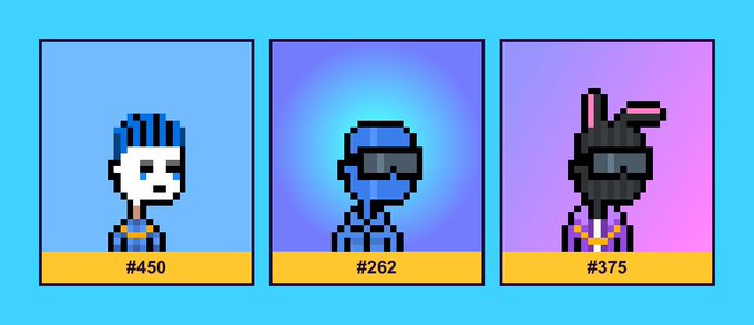 Three pixel-art NFT character portraits from the "Lil Bangers" collection, numbered #450, #262, and #375, showcase the diverse citizens of Banger City with varying styles—from a blue-haired figure to a sunglasses-wearing character with a glowing aura and a bunny-eared companion.
